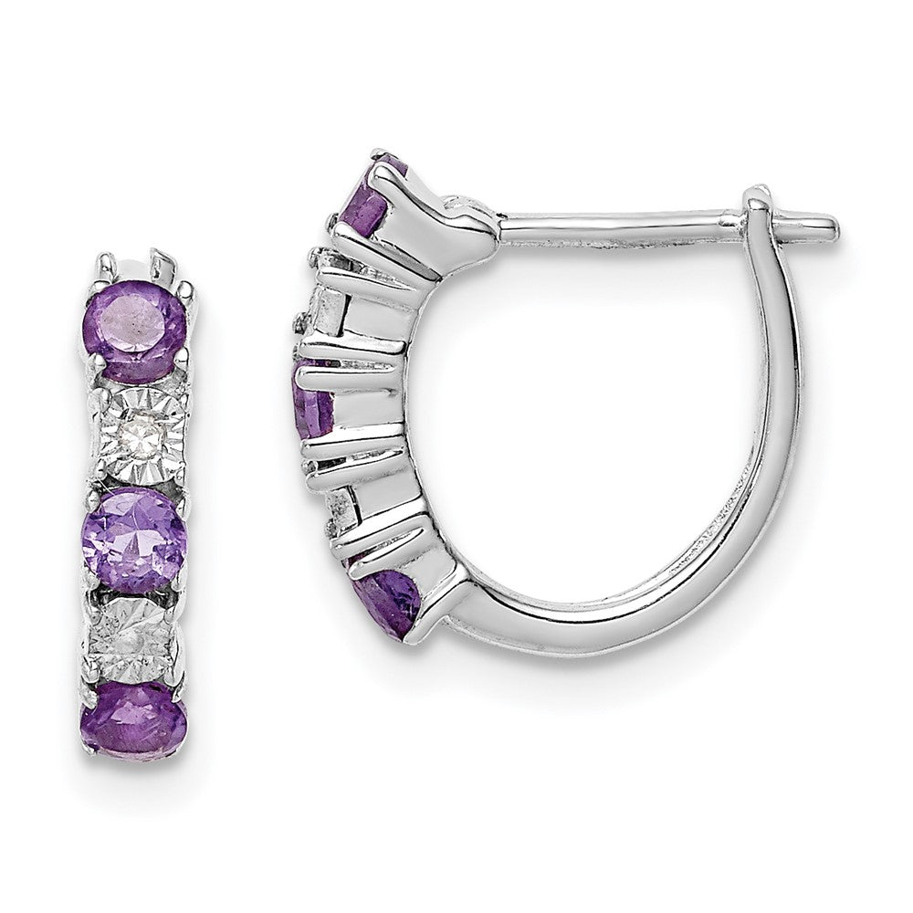 Polished;Open back;Hinged post;Sterling silver;Amethyst;Diamond;Rhodium-plated