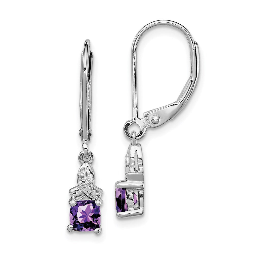 Polished;Leverback;Sterling silver;Amethyst;Diamond;Dangle;Rhodium-plated