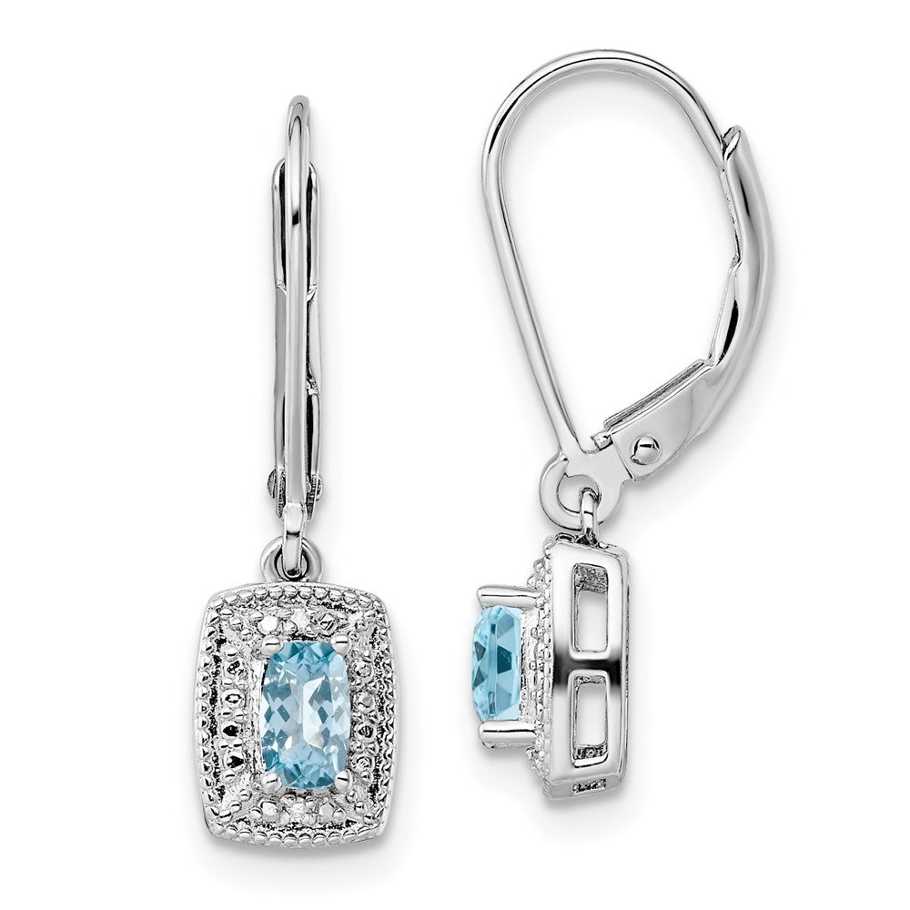 Polished;Leverback;Sterling silver;Blue topaz;Diamond;Dangle;Rhodium-plated
