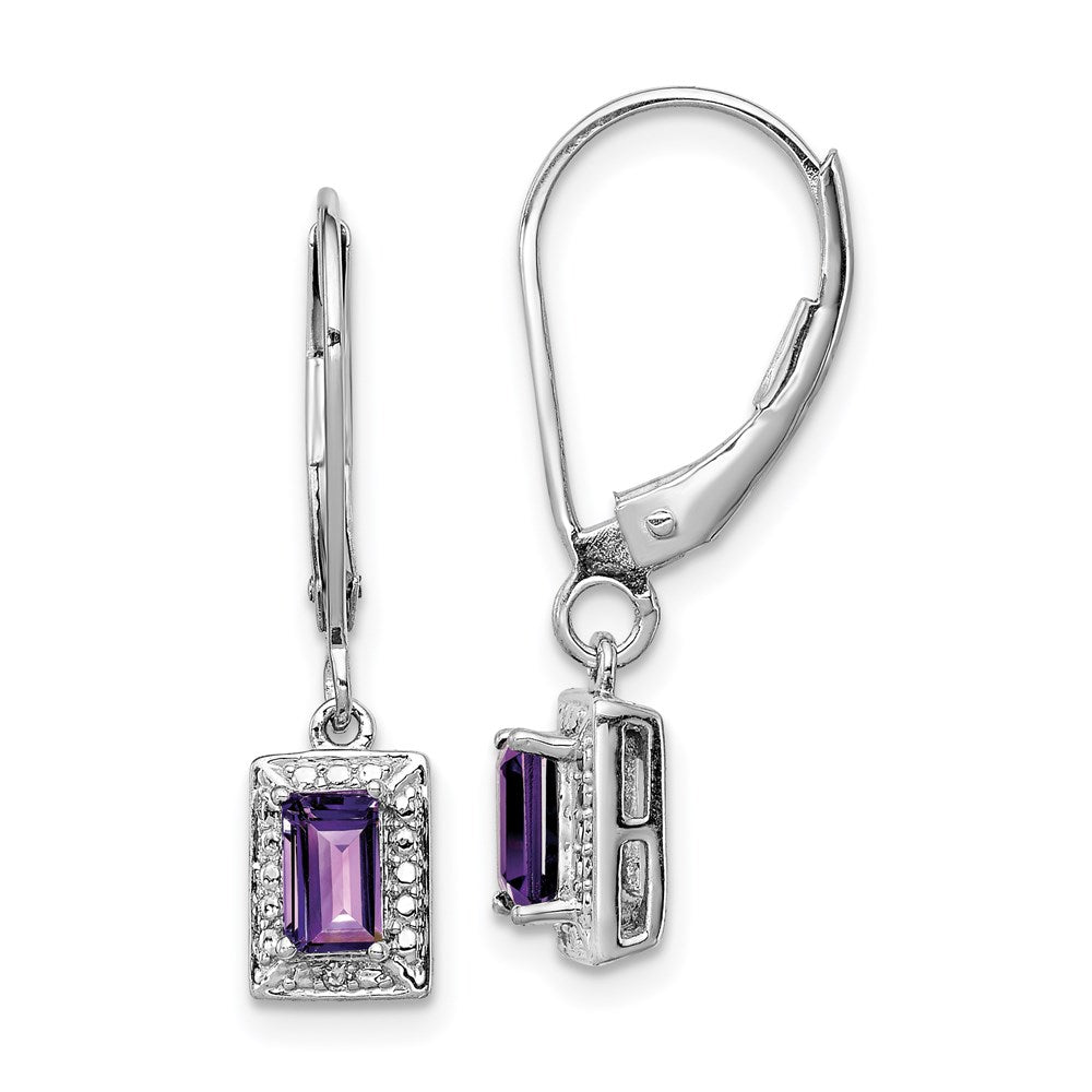 Polished;Open back;Leverback;Sterling silver;Amethyst;Diamond;Dangle;Rhodium-plated
