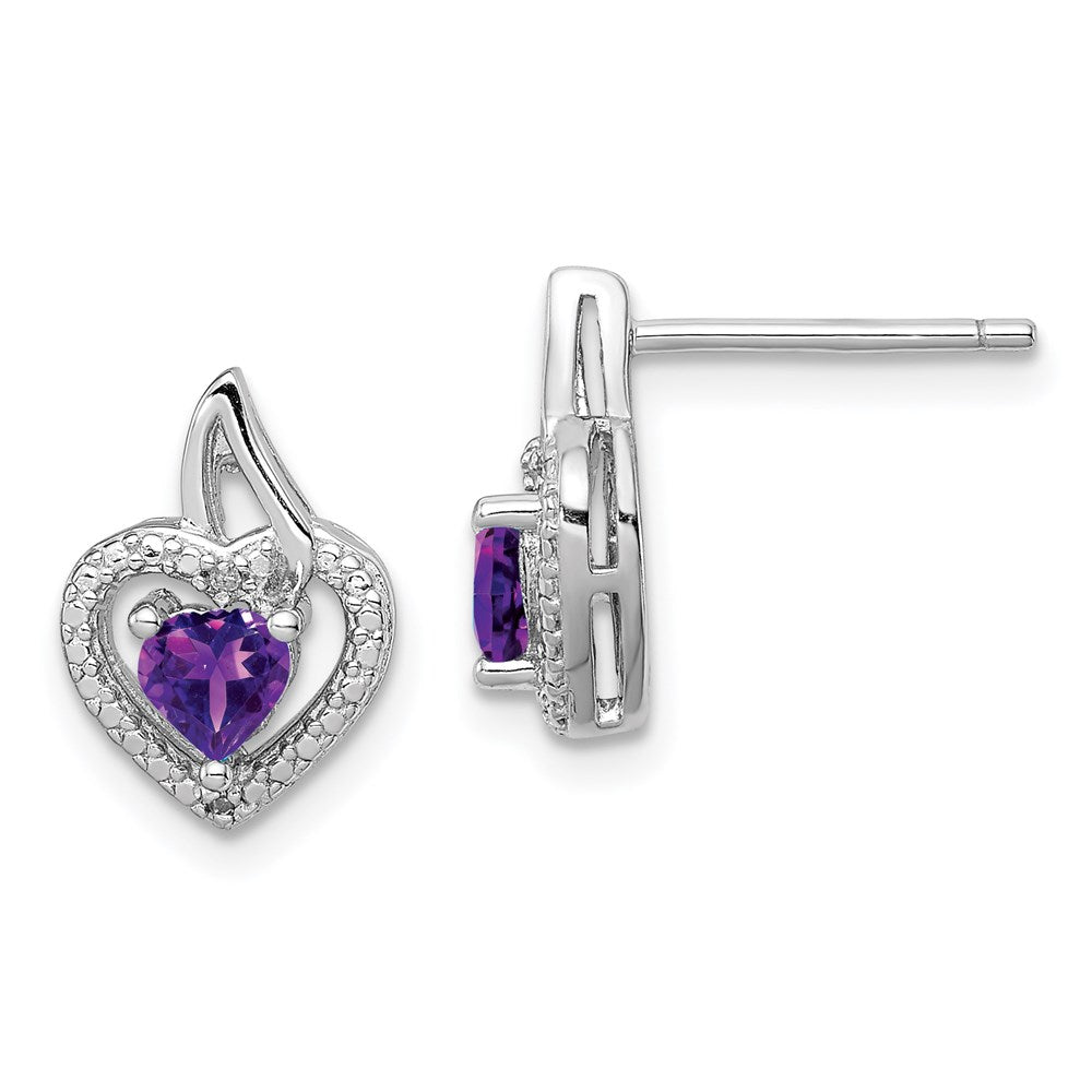 Polished;Open back;Post;Sterling silver;Amethyst;Diamond;Rhodium-plated;Heart