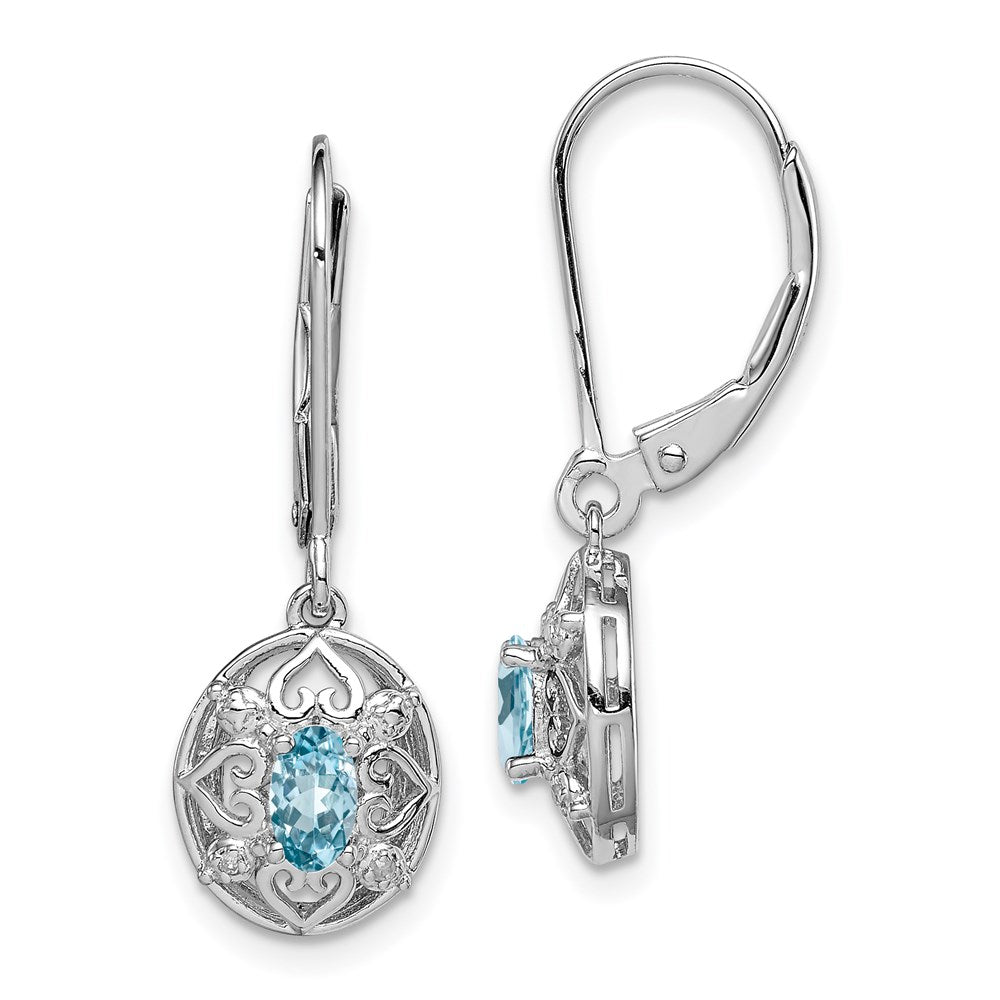 Polished;Leverback;Sterling silver;Blue topaz;Diamond;Dangle;Rhodium-plated