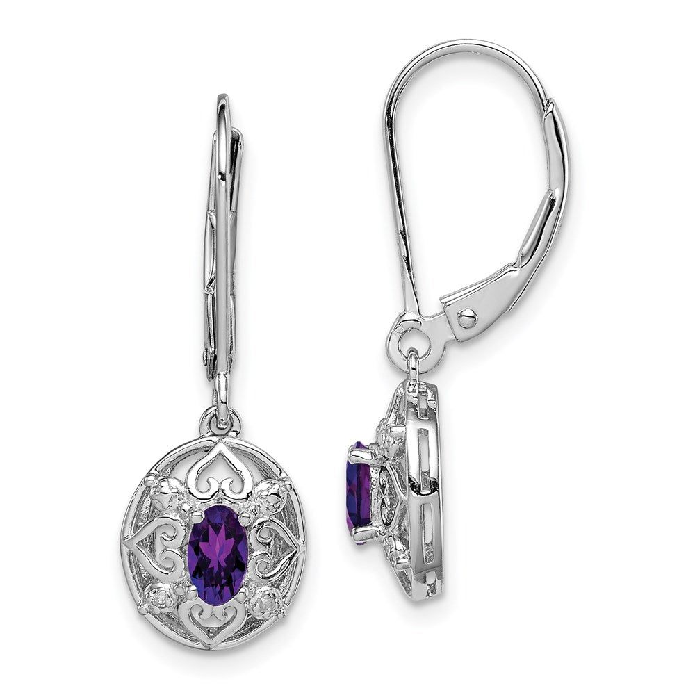 Polished;Open back;Leverback;Sterling silver;Amethyst;Diamond;Dangle;Rhodium-plated