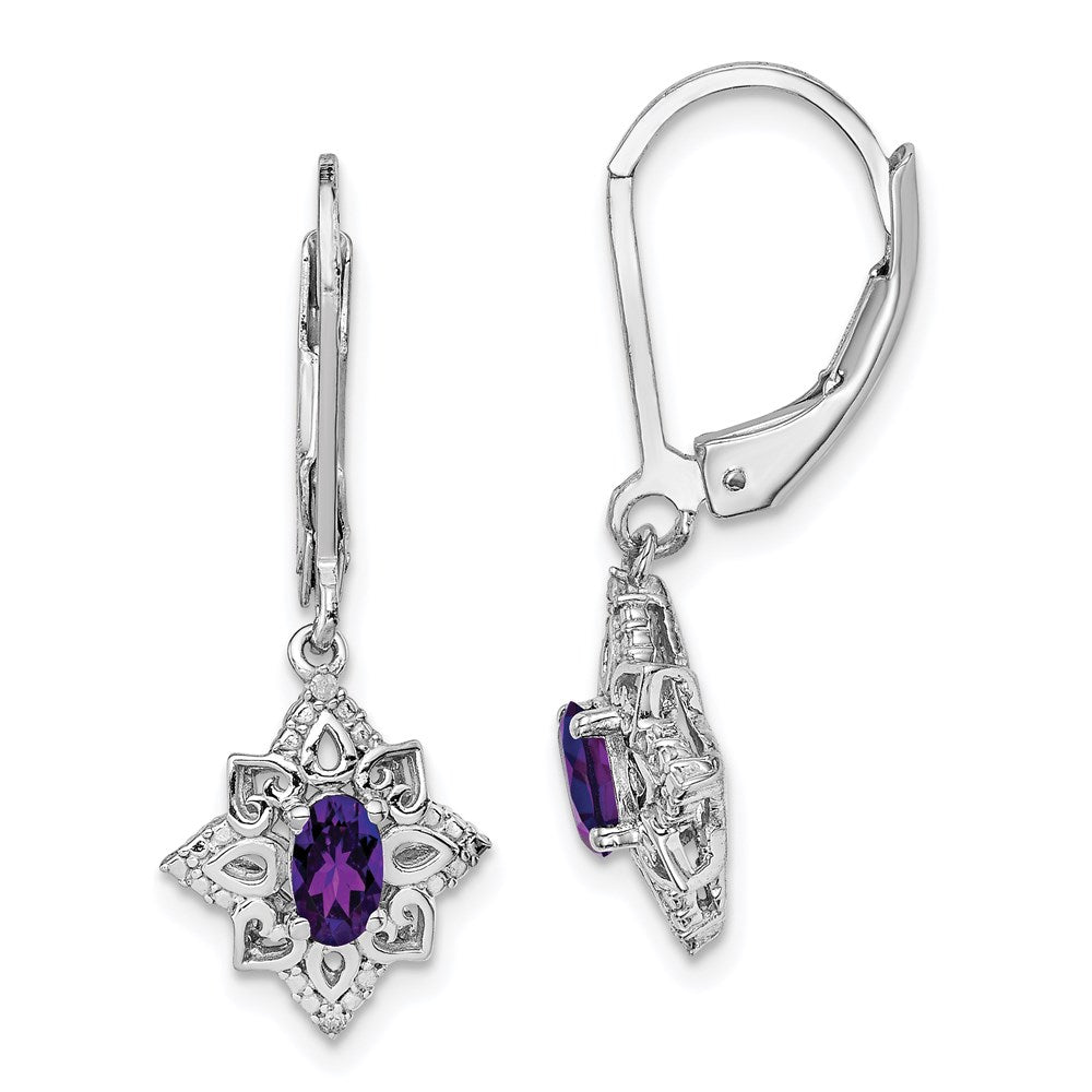 Polished;Open back;Leverback;Sterling silver;Amethyst;Diamond;Dangle;Rhodium-plated