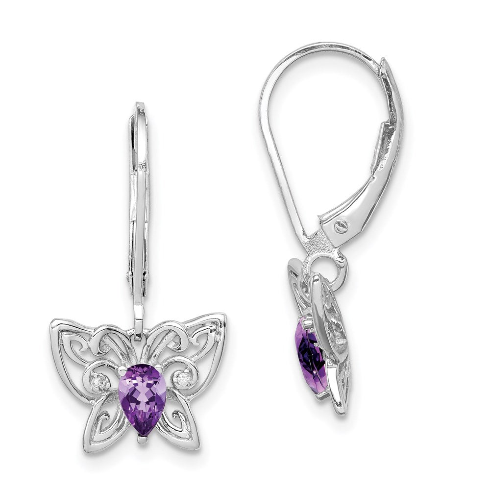 Polished;Leverback;Sterling silver;Amethyst;Diamond;Dangle;Rhodium-plated