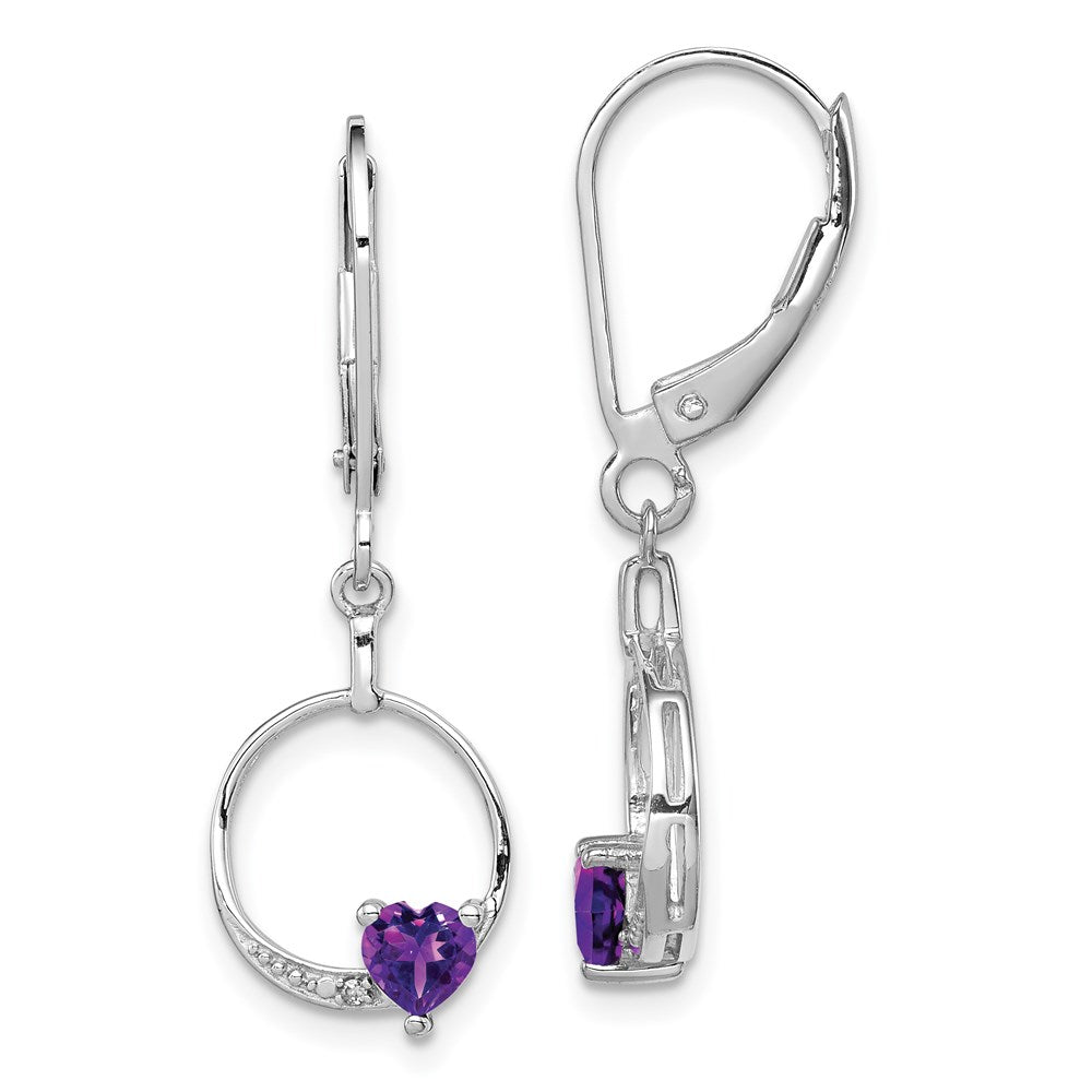 Polished;Open back;Leverback;Sterling silver;Amethyst;Diamond;Dangle;Rhodium-plated