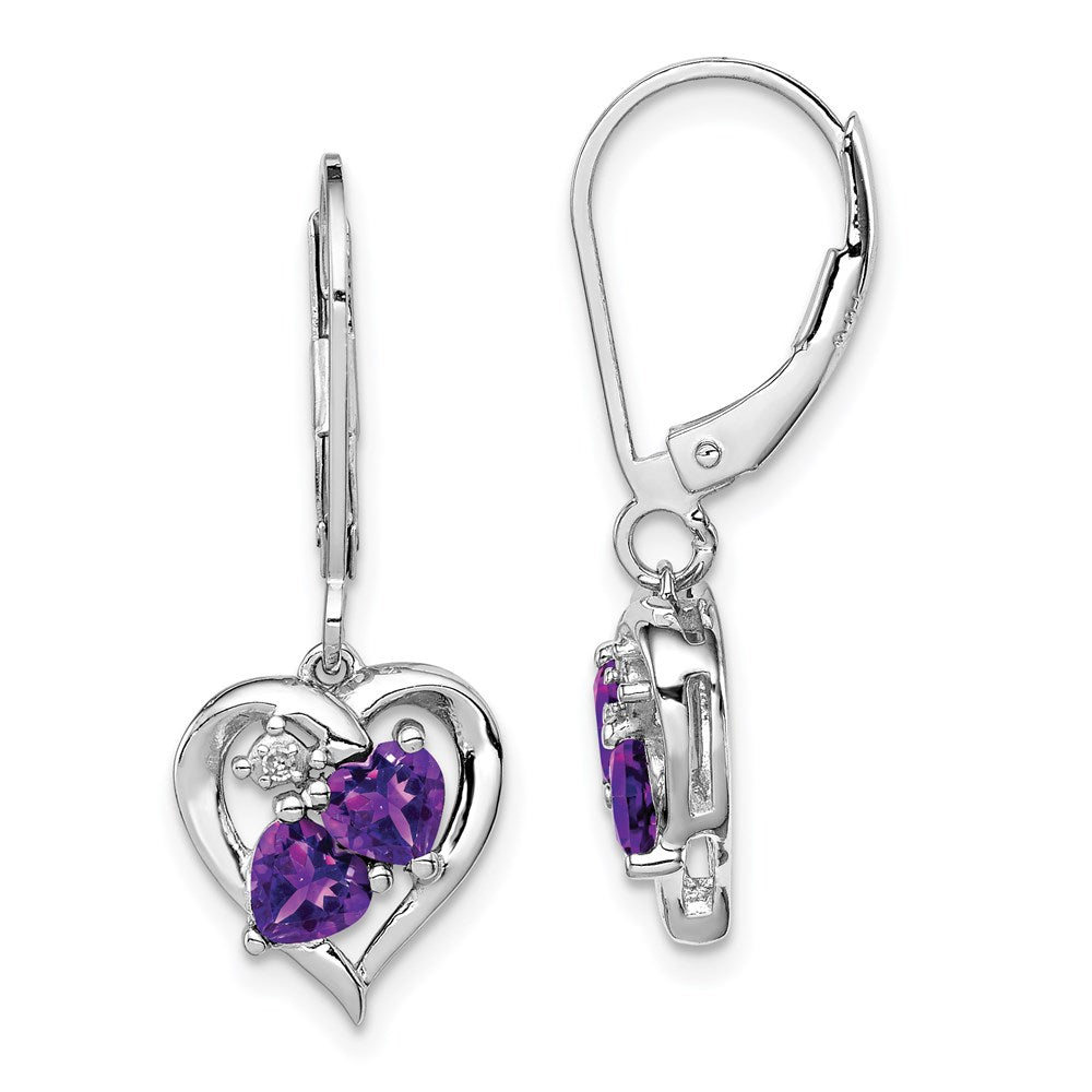 Polished;Leverback;Sterling silver;Amethyst;Diamond;Rhodium-plated;Heart