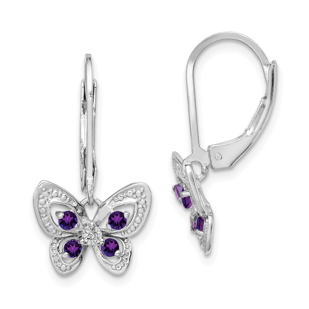 Polished;Leverback;Sterling silver;Amethyst;Dangle;Diamond accent;Rhodium-plated