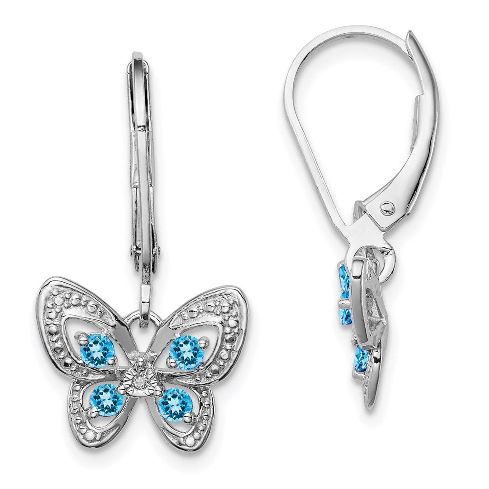 Polished;Leverback;Sterling silver;Blue topaz;Dangle;Diamond accent;Rhodium-plated