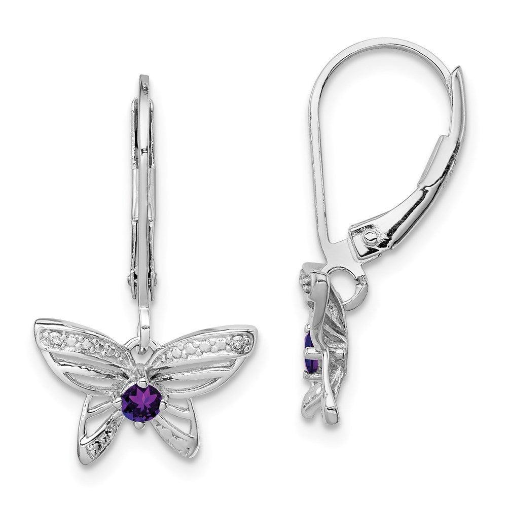 Polished;Leverback;Sterling silver;Amethyst;Diamond;Dangle;Rhodium-plated