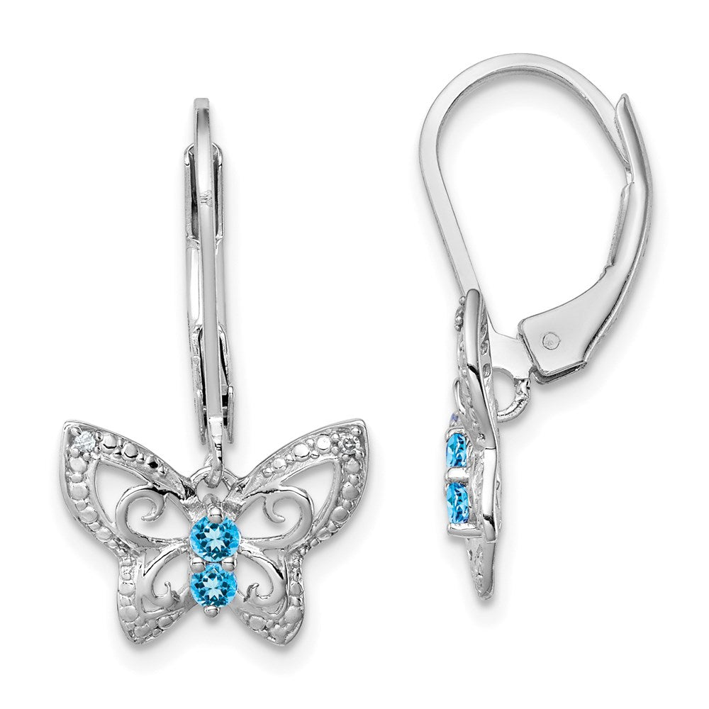 Polished;Leverback;Sterling silver;Blue topaz;Diamond;Dangle;Rhodium-plated