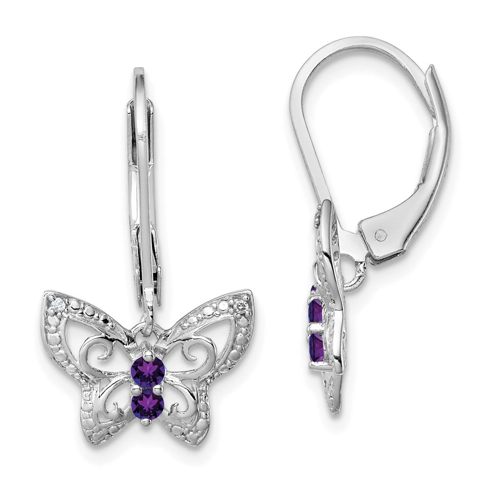 Polished;Leverback;Sterling silver;Amethyst;Diamond;Dangle;Rhodium-plated