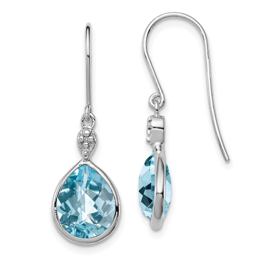 Polished;Sterling silver;Blue topaz;Diamond;Shepherd hook;Dangle;Rhodium-plated