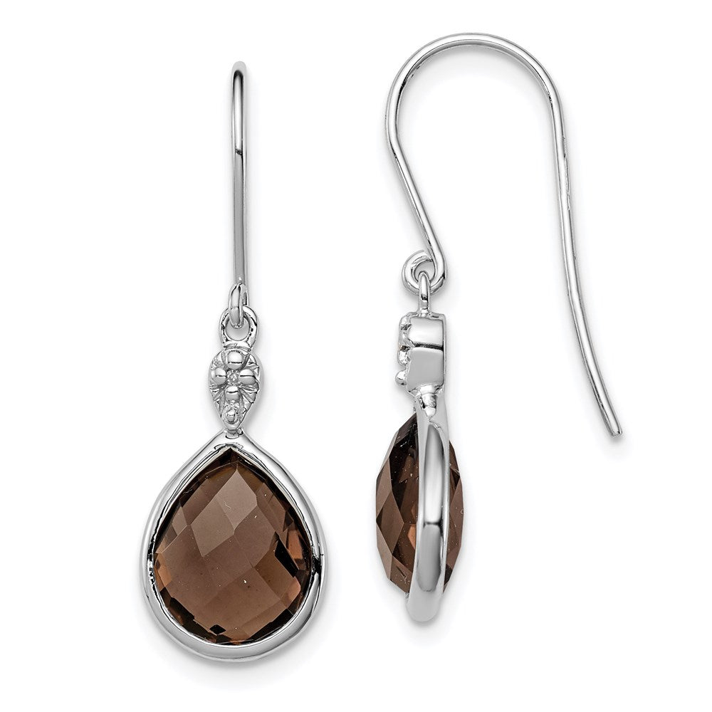 Polished;Sterling silver;Diamond;Shepherd hook;Smokey quartz;Dangle;Rhodium-plated