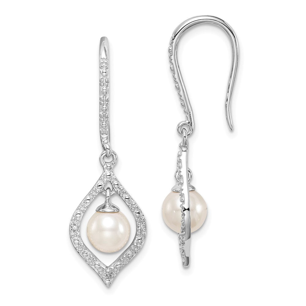 Polished;Sterling silver;Freshwater cultured pearl;Diamond;Shepherd hook;Dangle;Rhodium-plated