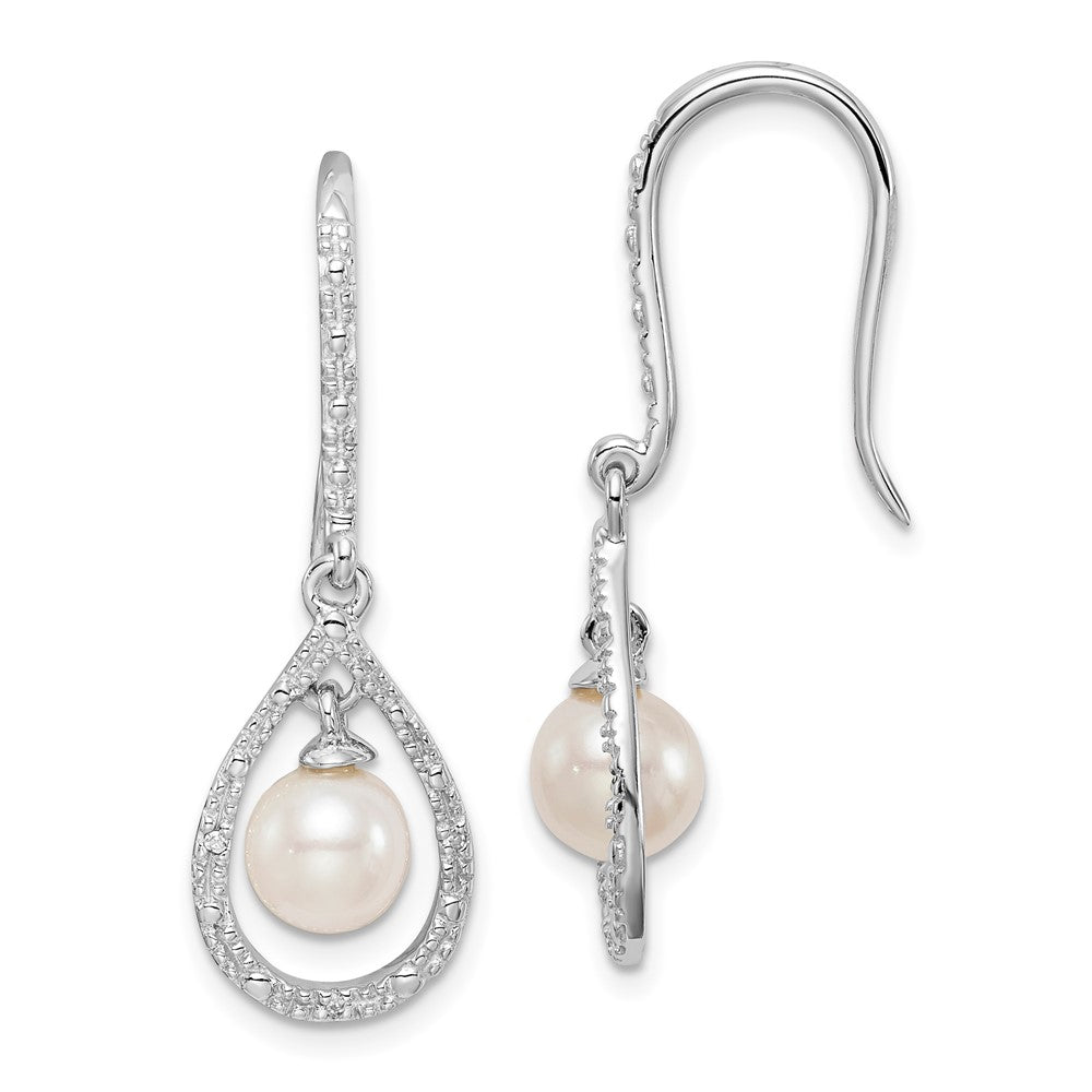 Polished;Sterling silver;Freshwater cultured pearl;Diamond;Shepherd hook;Dangle;Rhodium-plated