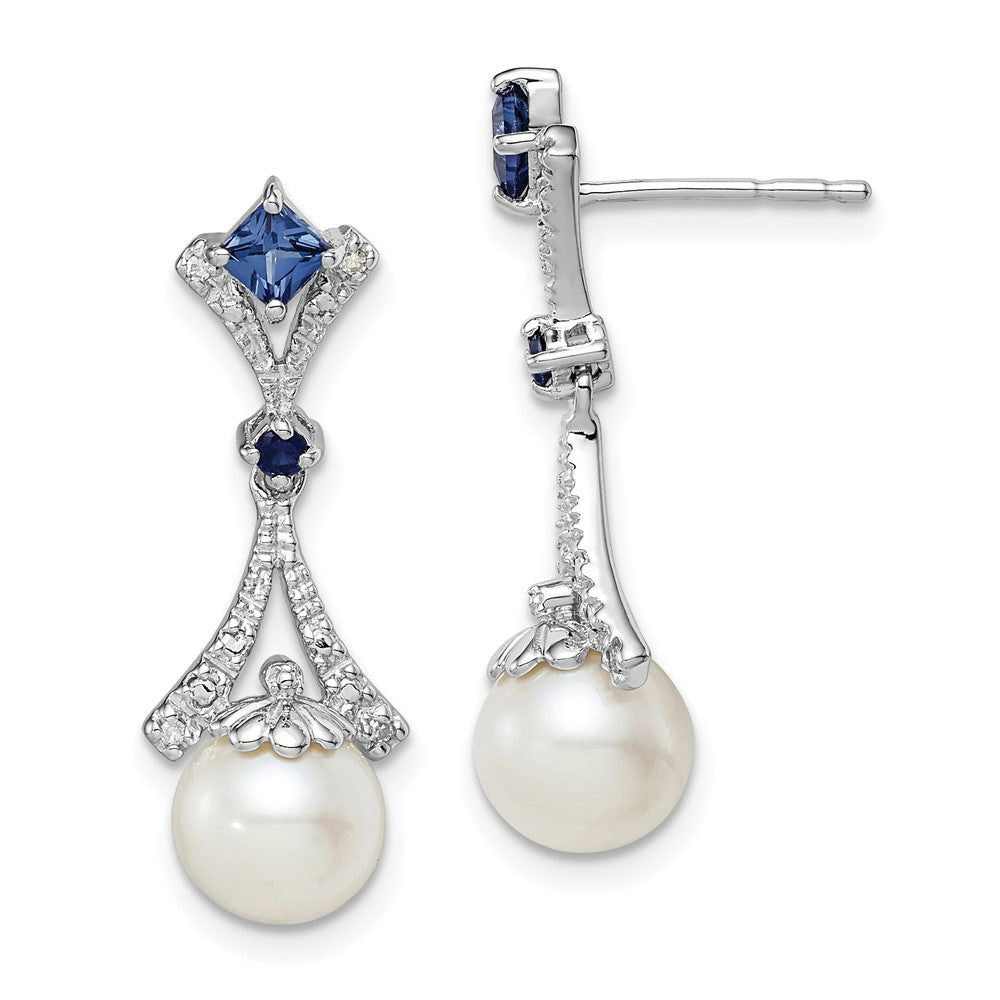 Polished;Post;Sterling silver;Freshwater cultured pearl;Diamond;Dangle;Rhodium-plated;Created Sapphire