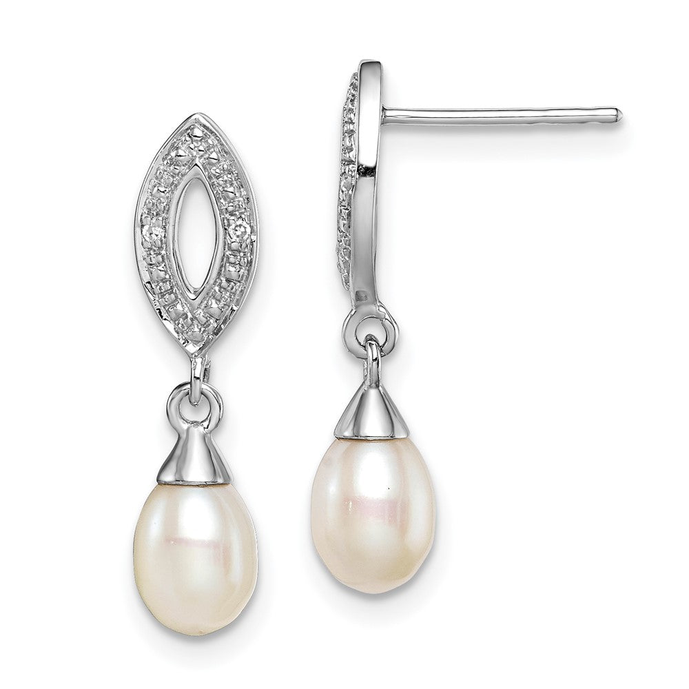 Polished;Post;Sterling silver;Freshwater cultured pearl;Diamond;Dangle;Rhodium-plated