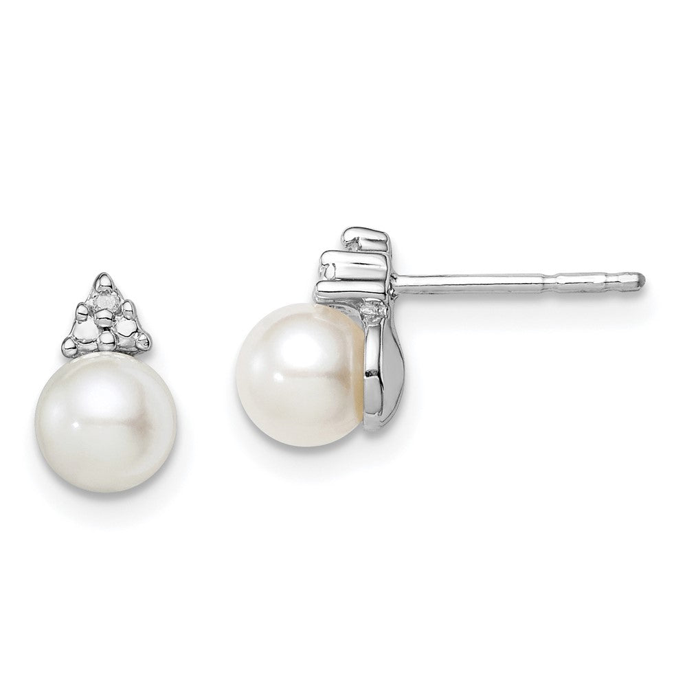 Polished;Post;Sterling silver;Freshwater cultured pearl;Diamond;Rhodium-plated