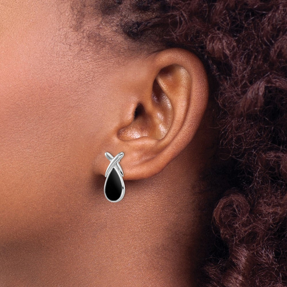Sterling Silver Rhod-plated Polished Onyx Teardrop X Post Drop Earrings
