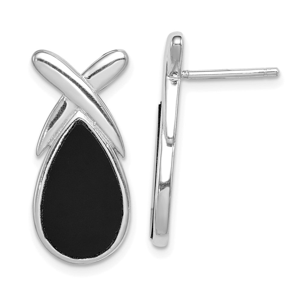 Solid;Casted;Polished;Open back;Post;Genuine;Sterling silver;Rhodium-plated;Black Onyx