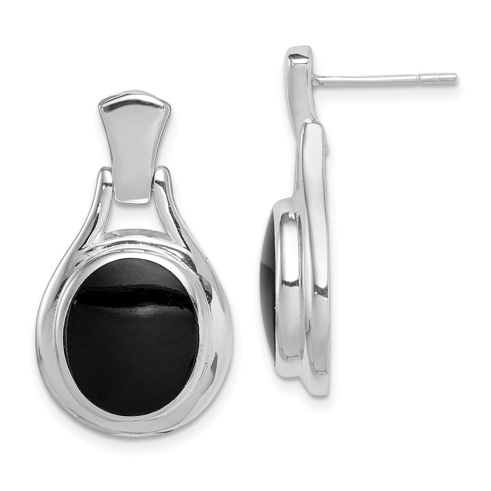 Solid;Casted;Polished;Open back;Post;Genuine;Sterling silver;Dangle;Rhodium-plated;Black Onyx