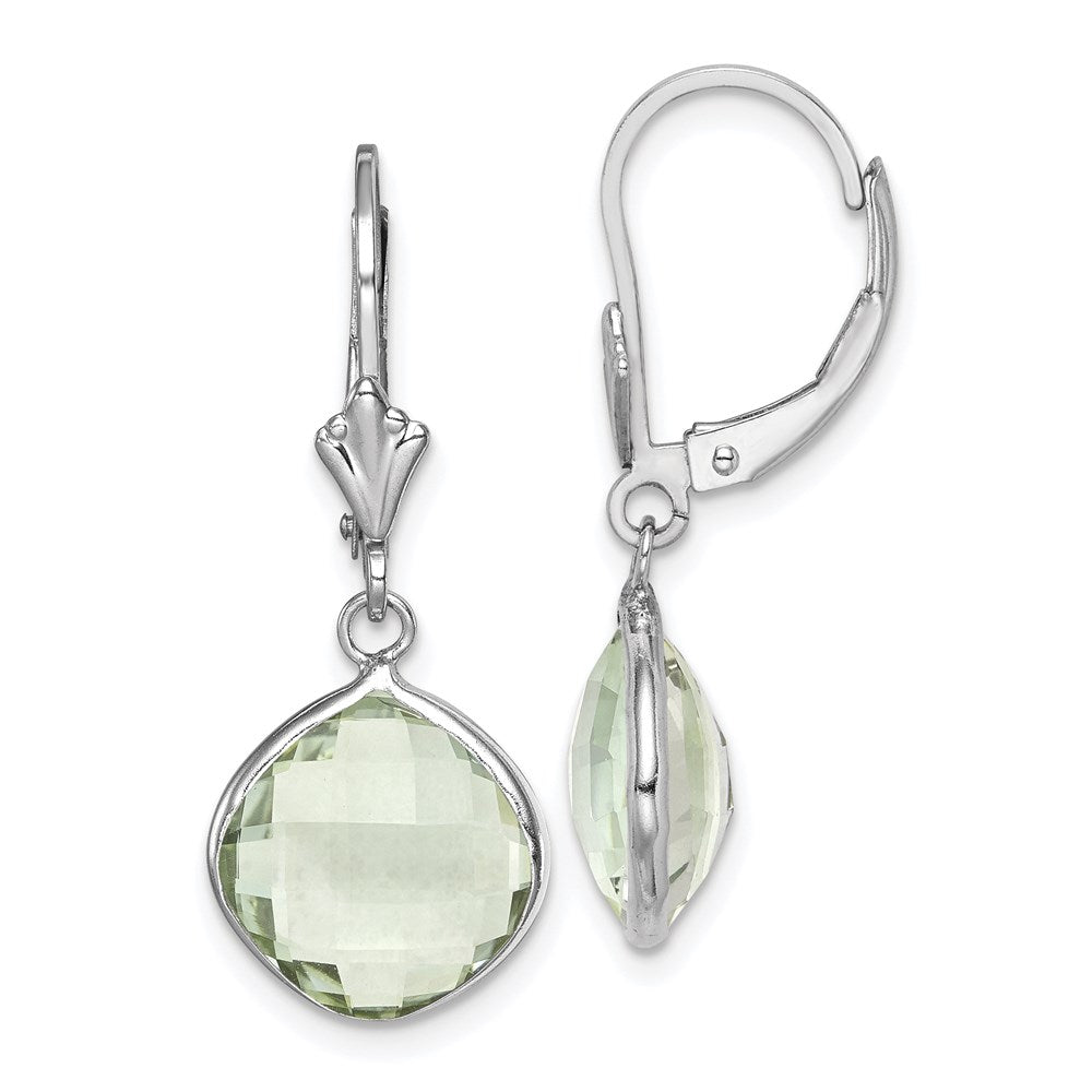 Polished;Open back;Leverback;Sterling silver;Dangle;Rhodium-plated;Green quartz