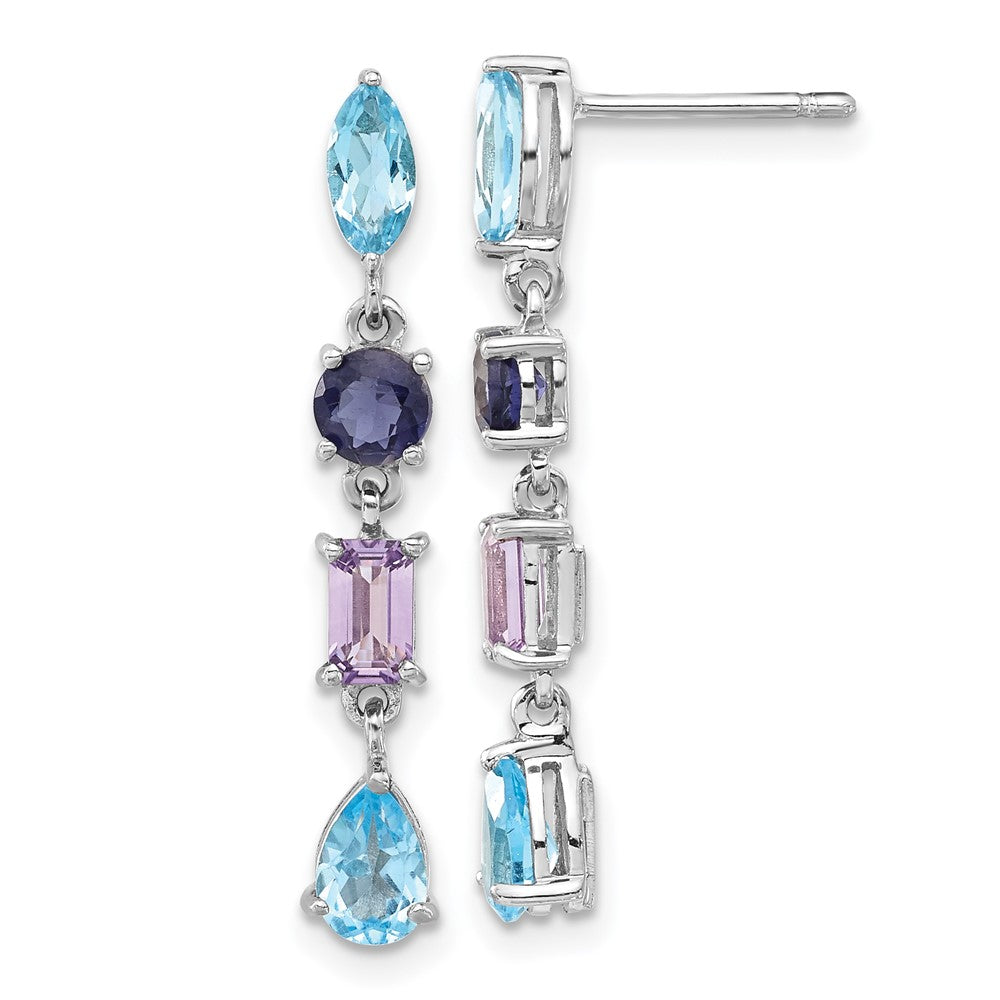 Polished;Post;Sterling silver;Amethyst;Dangle;Rhodium-plated;Iolite;Blue Topaz