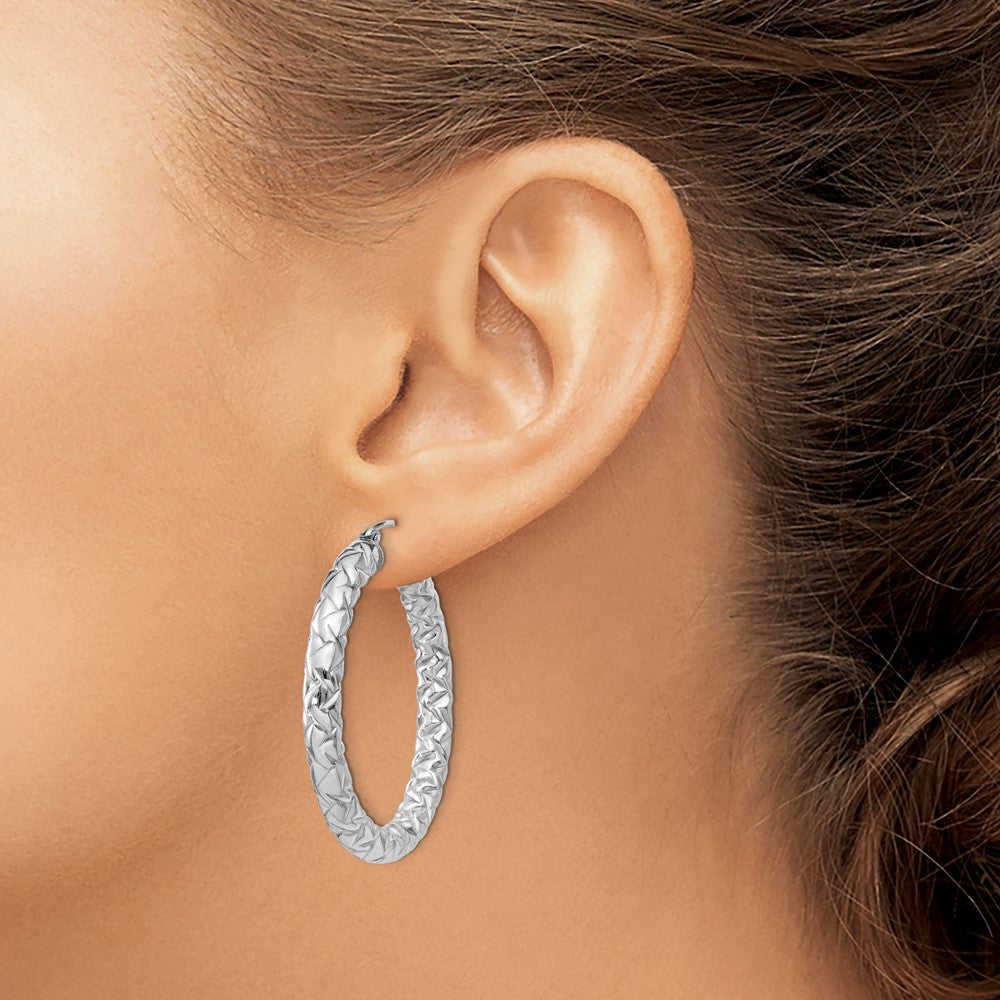 Sterling Silver Rhodium-plated Textured 4x35mm Hoop Earrings
