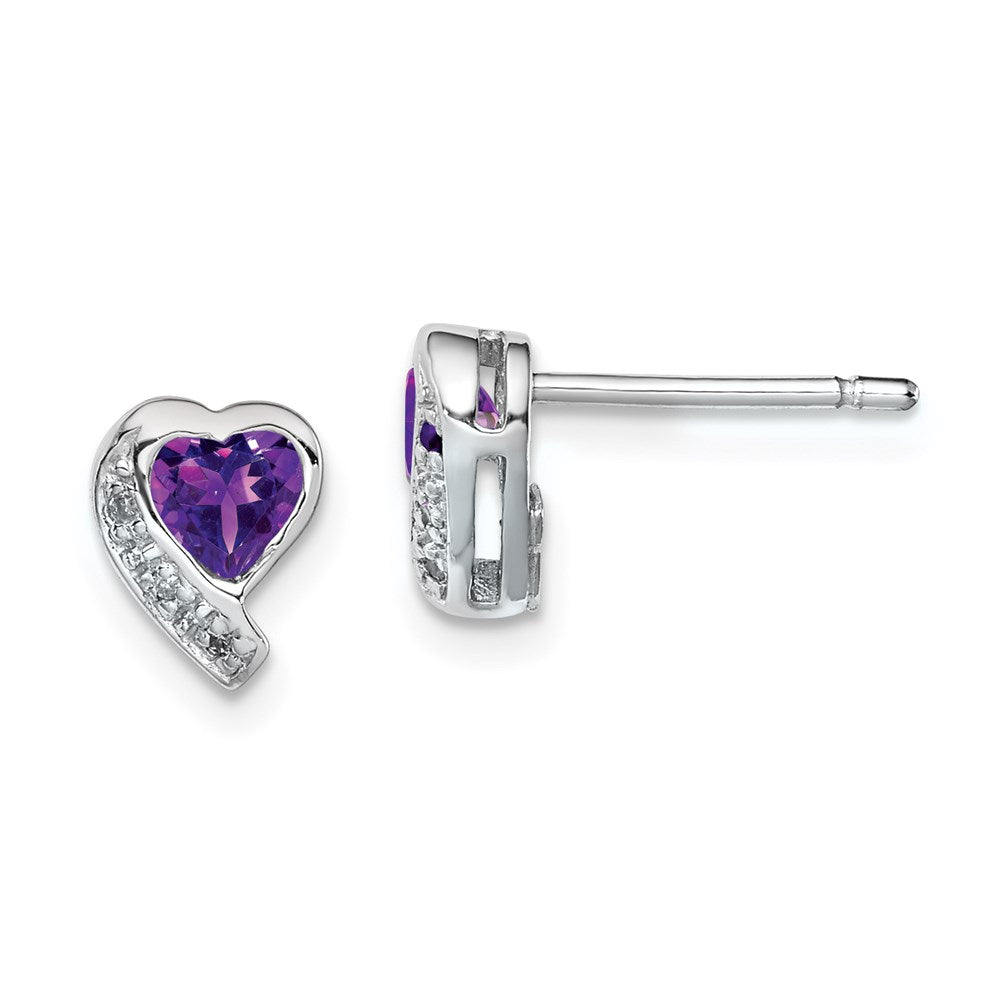 Polished;Post;Sterling silver;Amethyst;Diamond;Rhodium-plated;Heart