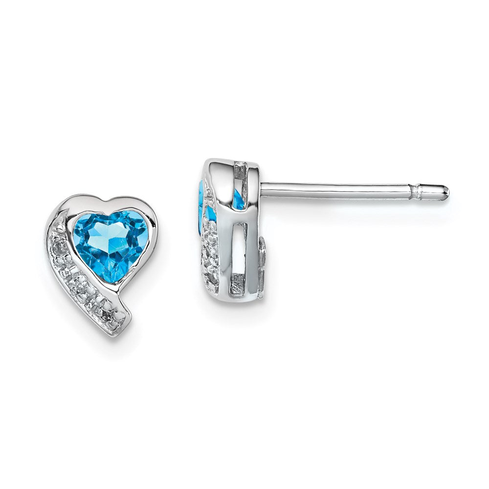Polished;Post;Sterling silver;Blue topaz;Diamond;Rhodium-plated;Heart