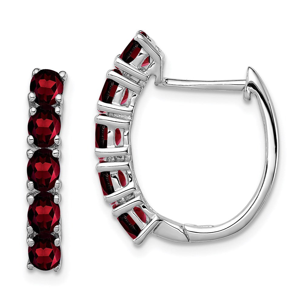 Polished;Sterling silver;Garnet;Rhodium-plated;Hinged hoop