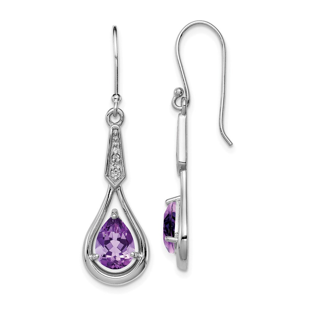 Polished;Sterling silver;Amethyst;CZ;Shepherd hook;Dangle;Rhodium-plated