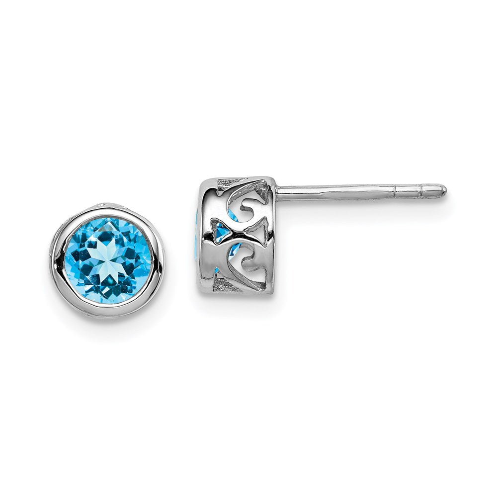 Polished;Open back;Post;Sterling silver;Blue topaz;Round;Cut-out sides