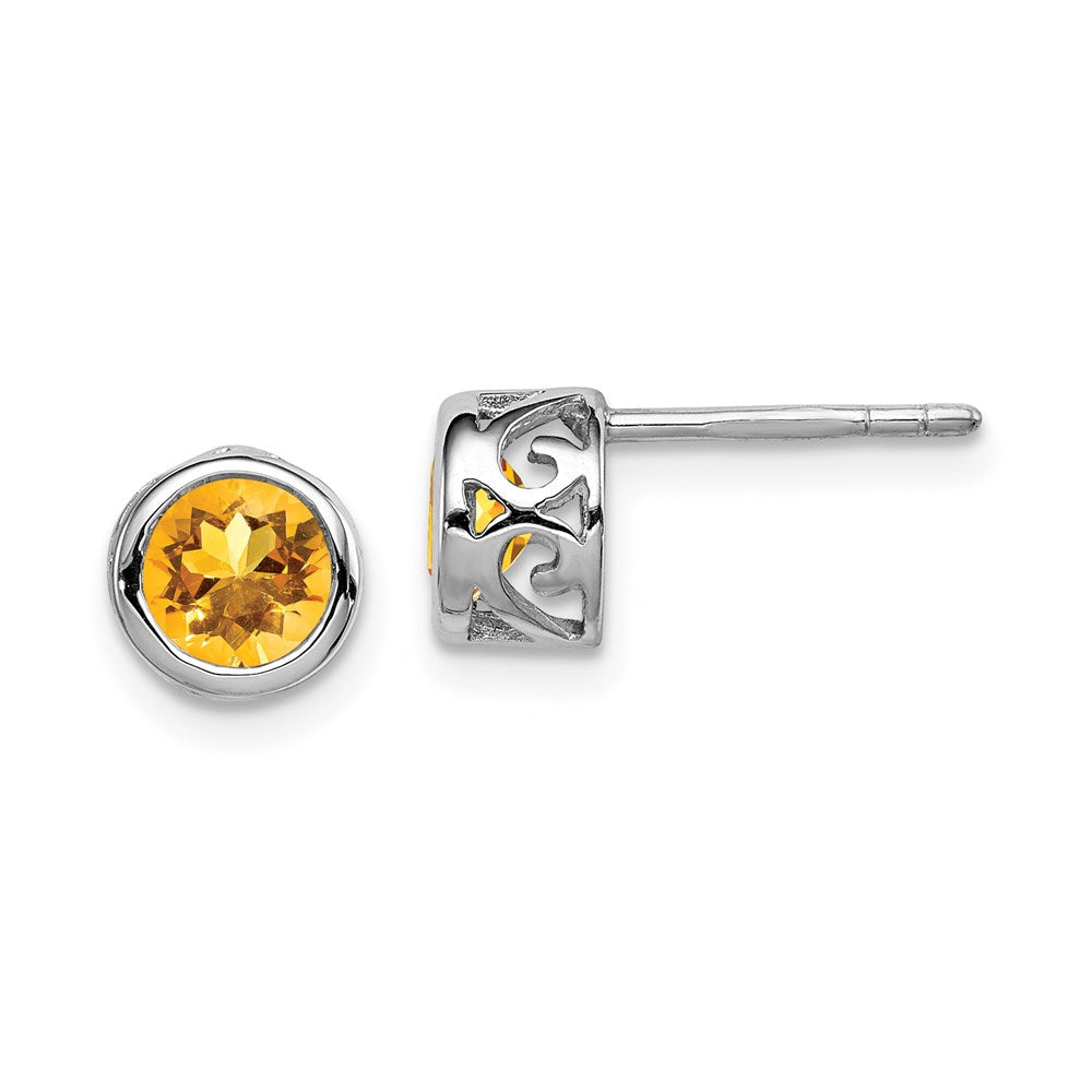 Polished;Open back;Post;Sterling silver;Citrine;Round;Cut-out sides