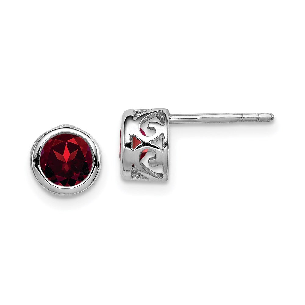 Polished;Open back;Post;Sterling silver;Garnet;Round;Cut-out sides