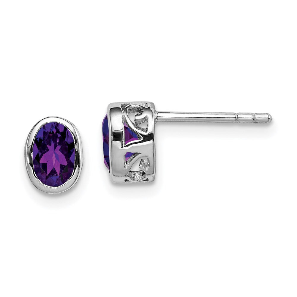 Polished;Open back;Post;Sterling silver;Amethyst;Oval;Cut-out sides
