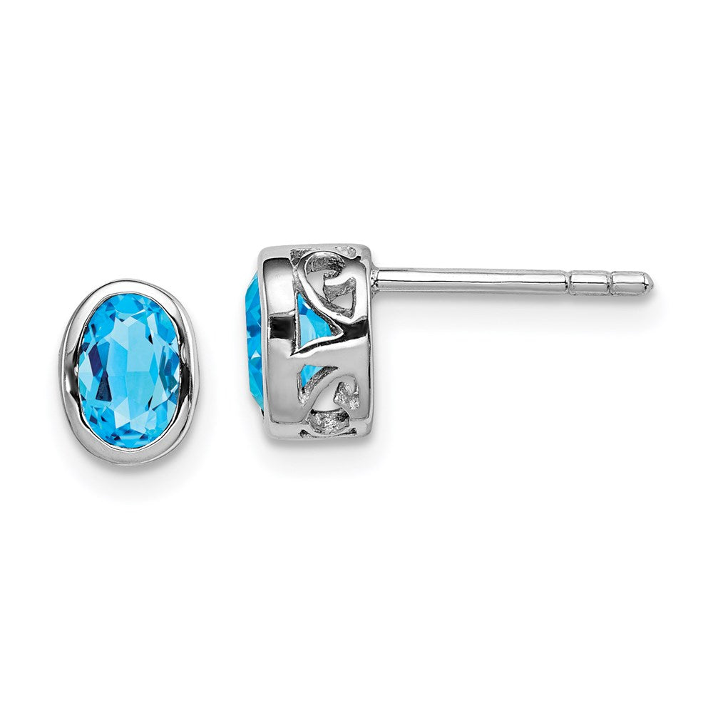 Polished;Open back;Post;Sterling silver;Blue topaz;Oval;Cut-out sides