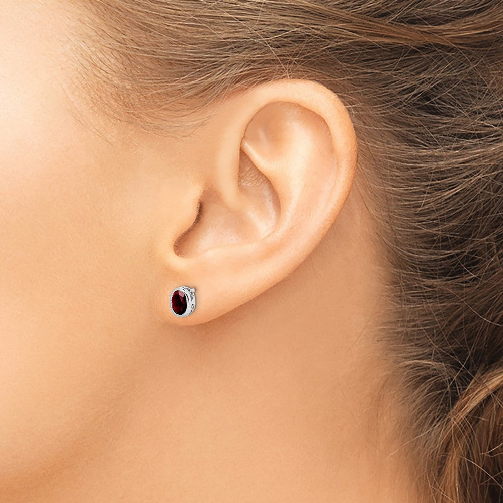Sterling Silver Rhodium-plated Polished Garnet Oval Post Earrings