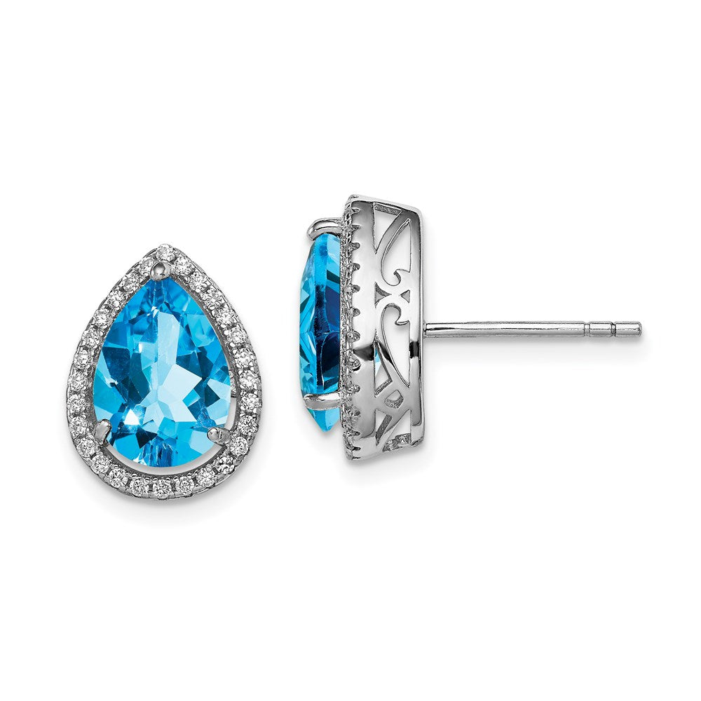 Polished;Post;Sterling silver;Blue topaz;CZ;Rhodium-plated