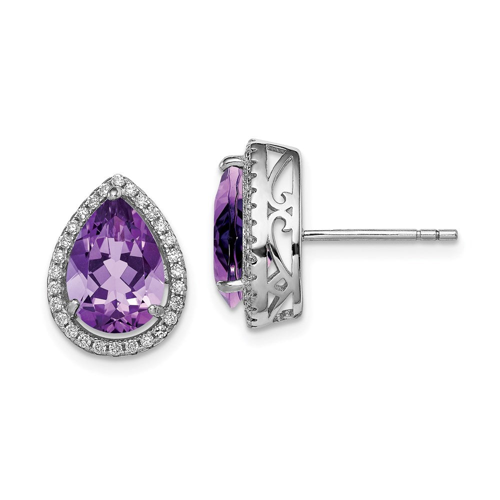 Polished;Post;Sterling silver;Amethyst;CZ;Rhodium-plated