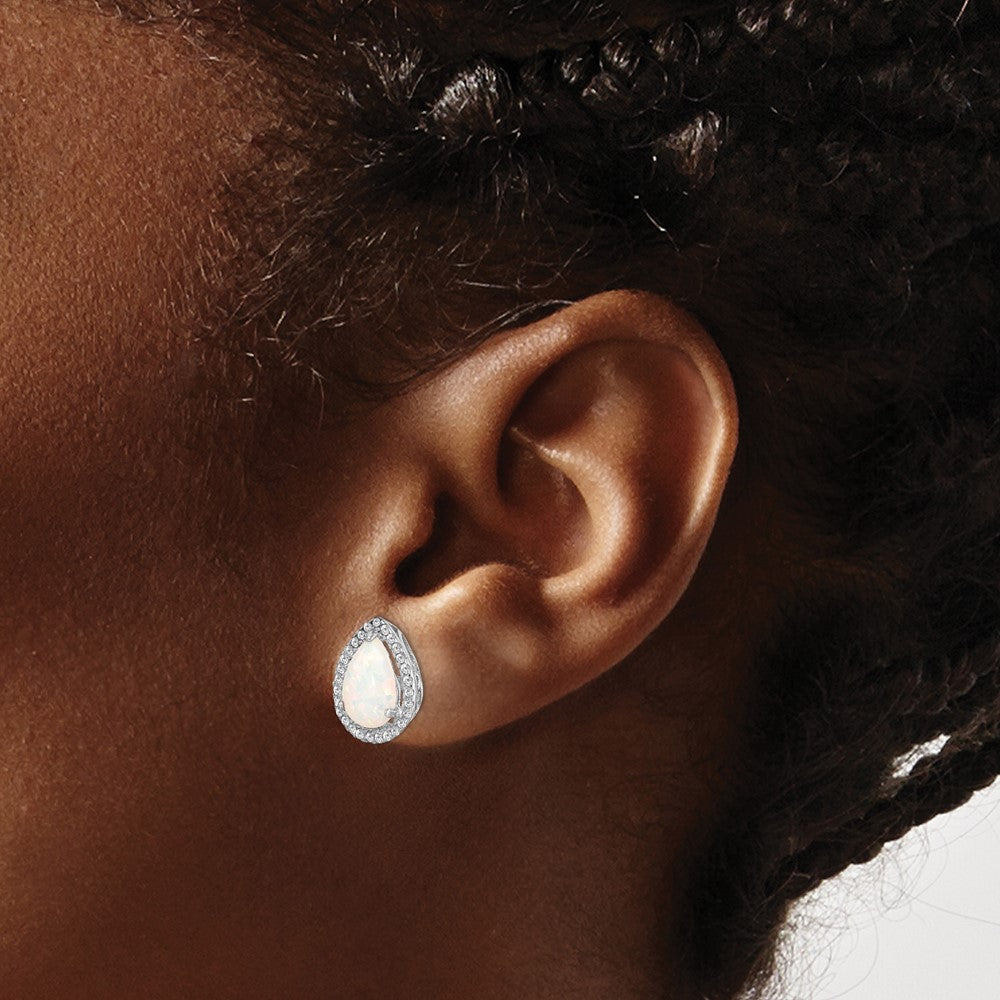 Sterling Silver Rhodium Polished Simulated Opal & CZ Post Earrings