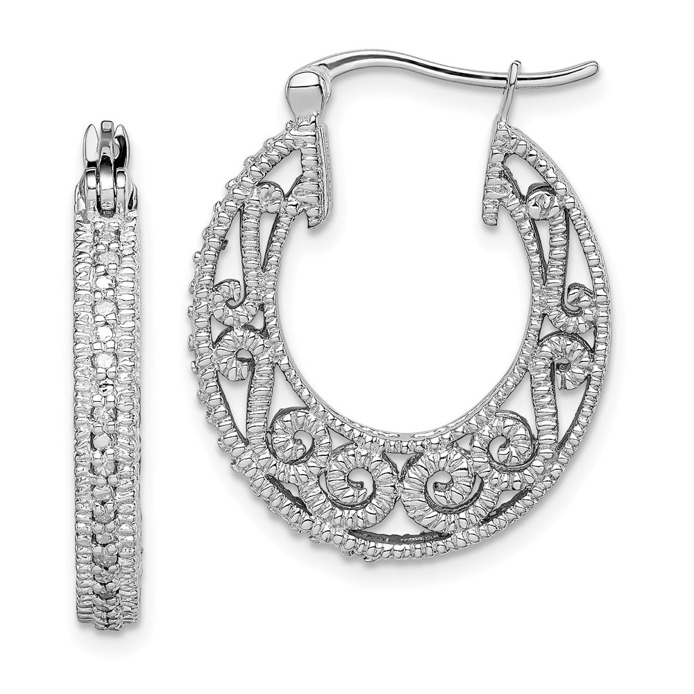 Polished;Hollow;Sterling silver;Diamond;Rhodium-plated;Hinged hoop