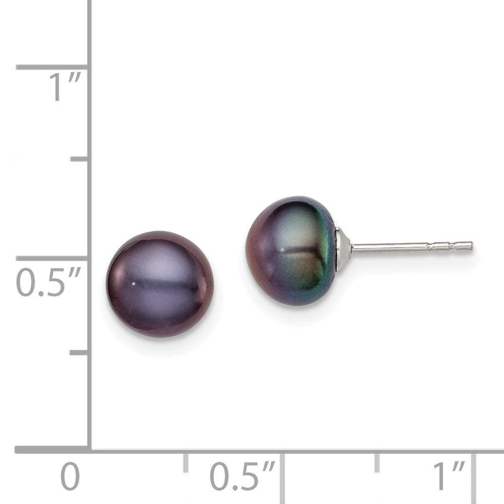 Sterling Silver Rhodium-plated 7-8mm Black Button Freshwater Cultured Pearl Post Earring