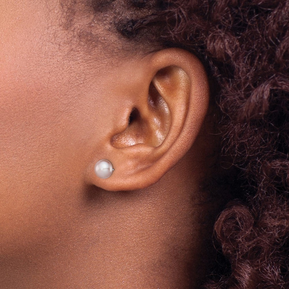 Sterling Silver Rhodium-plated 7-8mm Purple Button Freshwater Cultured Pearl Post Earrings