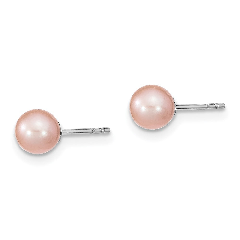 Sterling Silver Rhodium-plated 5-6mm Pink Round Freshwater Cultured Pearl Post Earrings