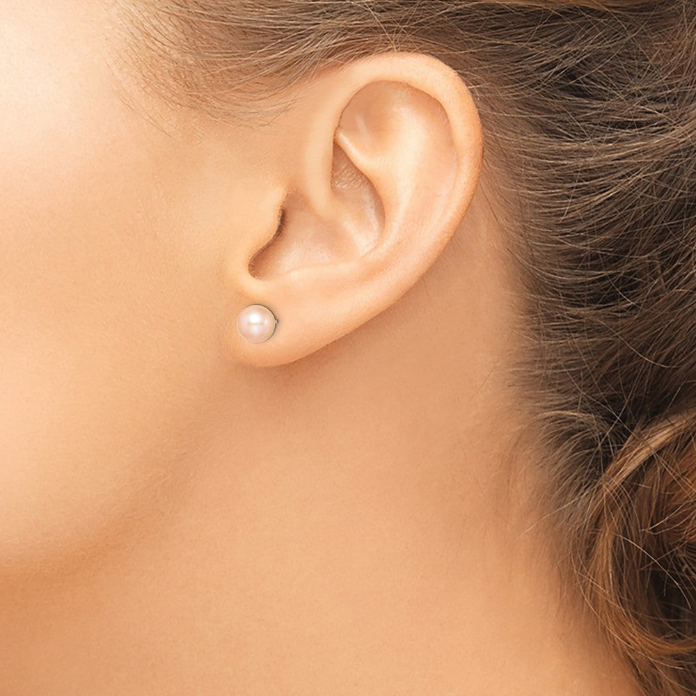 Sterling Silver Rhodium-plated 7-8mm Pink Round Freshwater Cultured Pearl Post Earrings