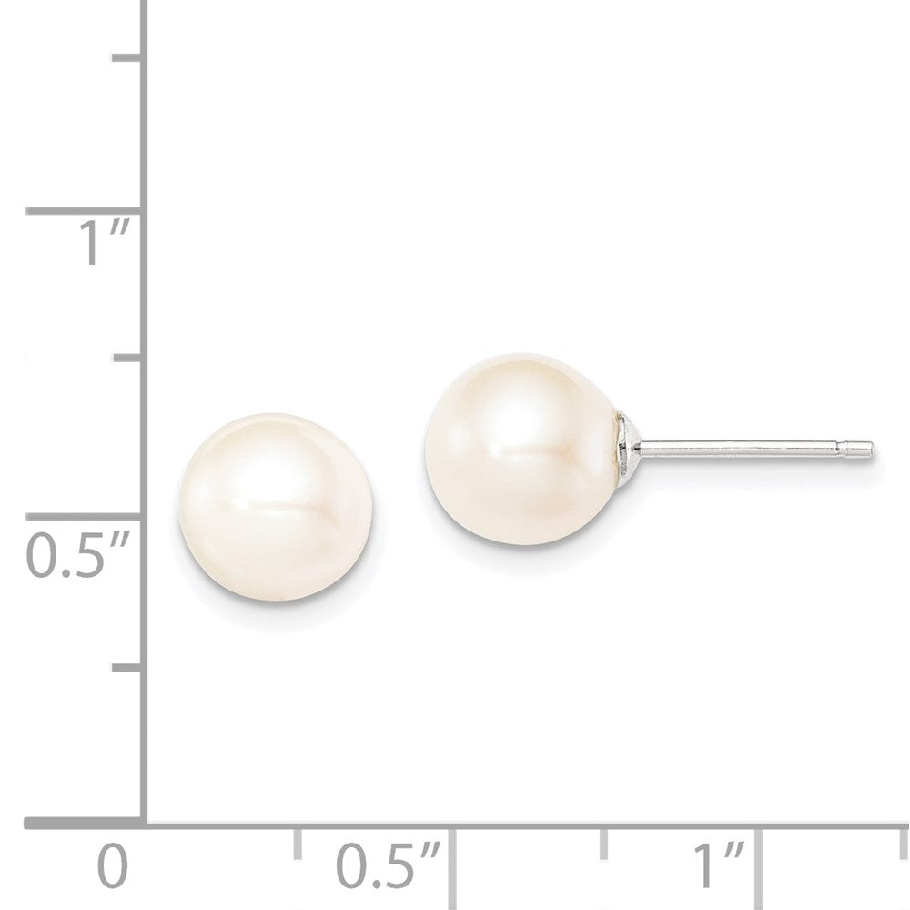 Sterling Silver Rhodium-plated 8-9mm White Round Freshwater Cultured Pearl Post Earrings