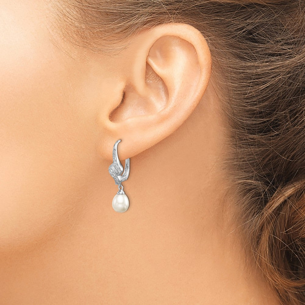 Sterling Silver Rhodium-plated 7-8mm White Teardrop Freshwater Cultured Pearl and CZ Dangle Leverback Earrings