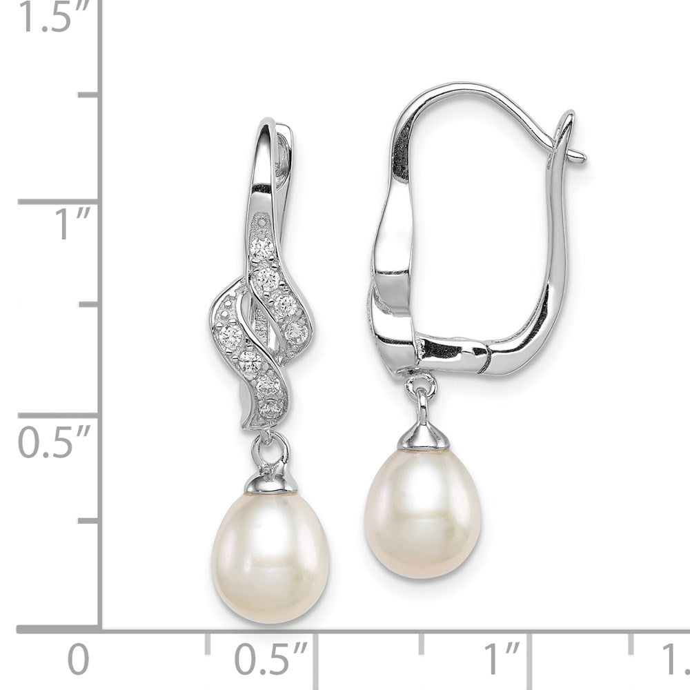 Sterling Silver Rhodium-plated 7-8mm White Teardrop Freshwater Cultured Pearl and CZ Dangle Leverback Earrings